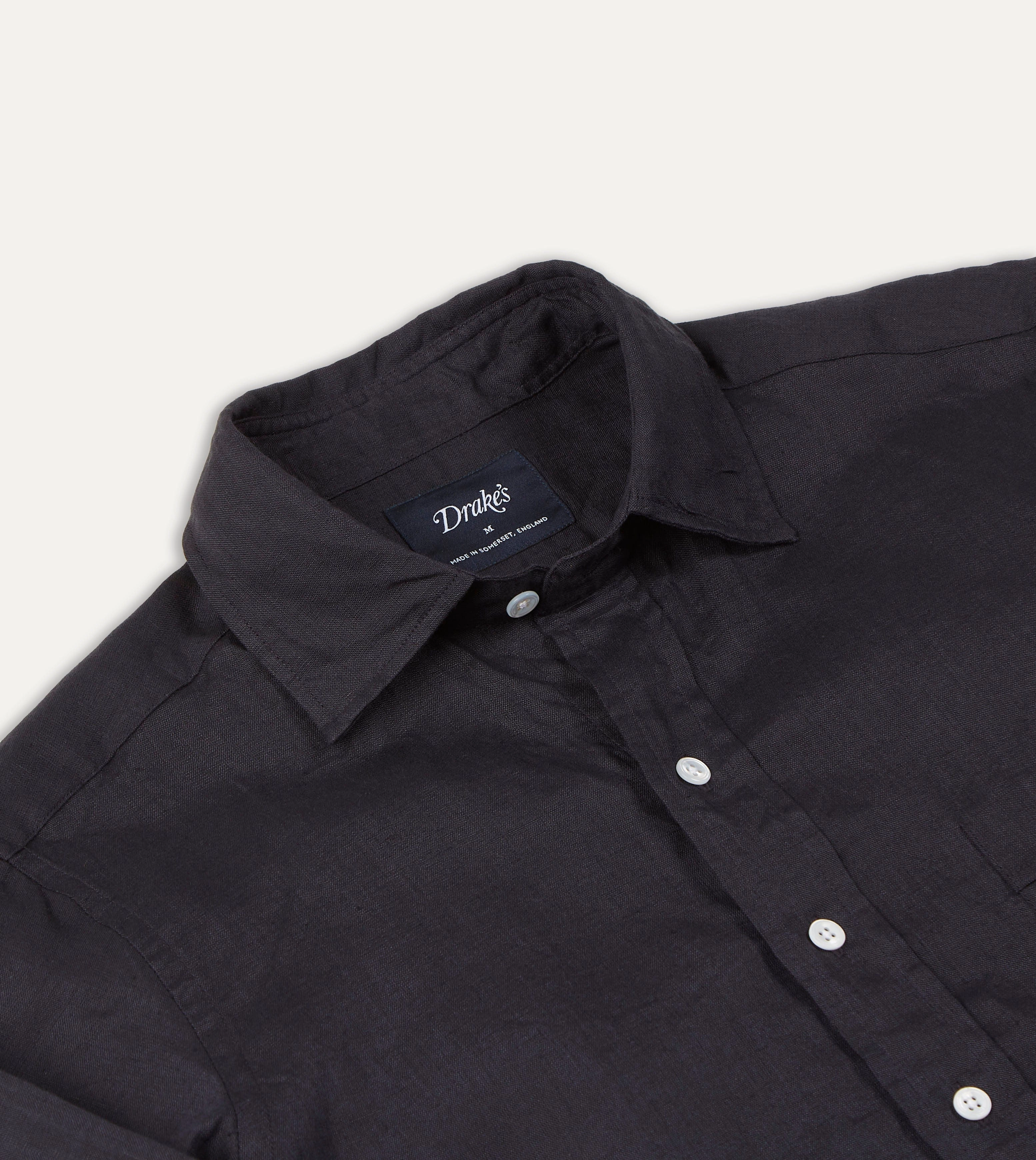 Dark Navy Linen Spread Collar Shirt Micro Perforated Texture