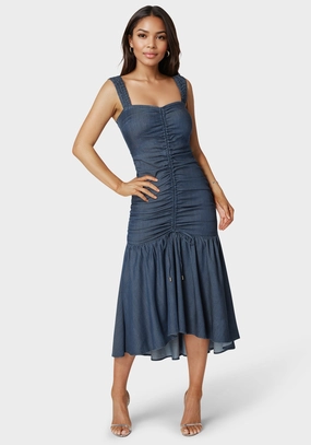 Vintage-Inspired Ruched Denim Dress