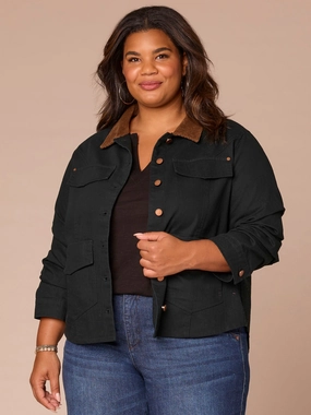 Ruched Sleeve Corduroy Contrast Collar Button Front Plus Size Jacket Heat Sealed Zippers Weekday Street Look