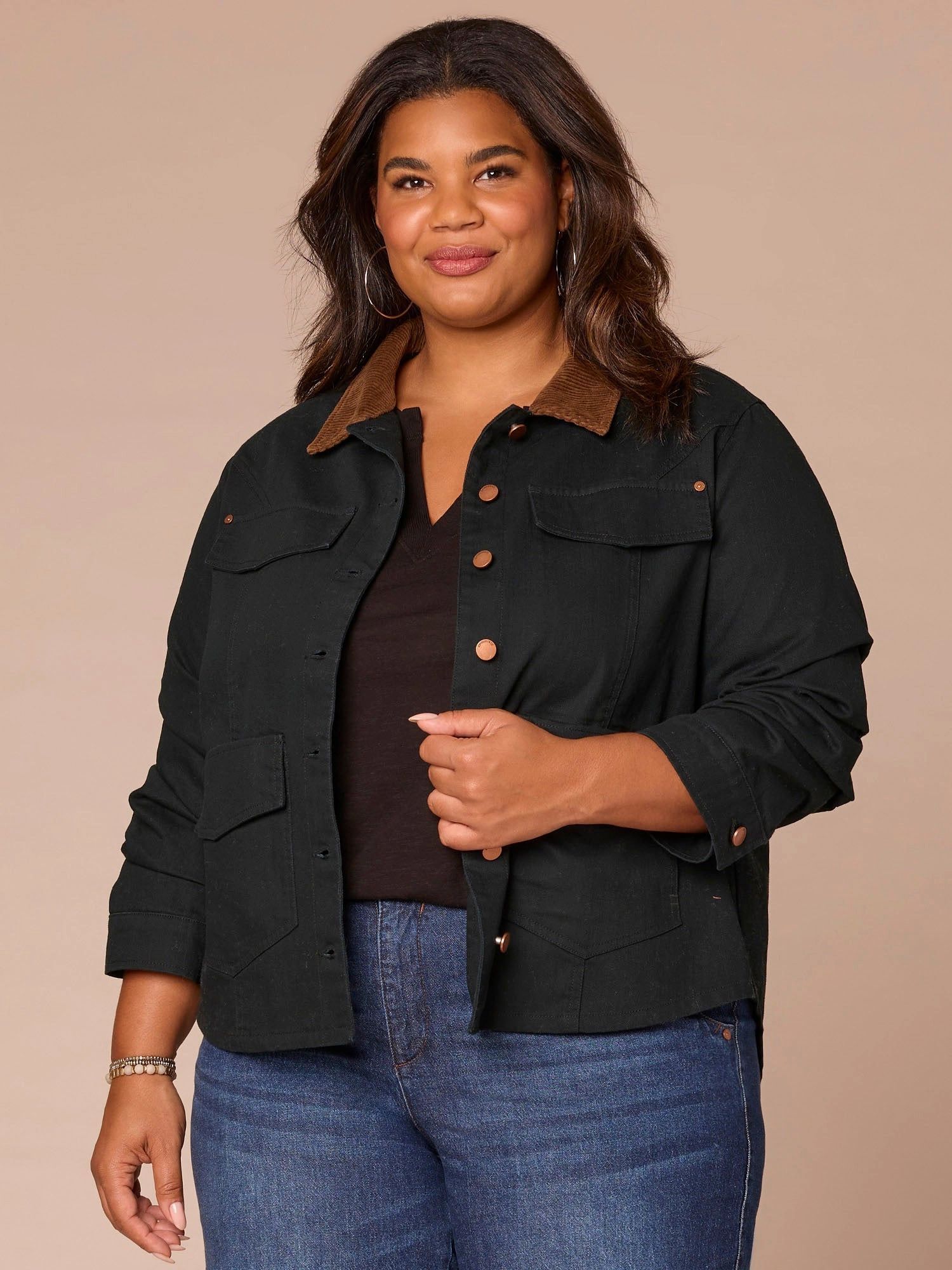 Ruched Sleeve Corduroy Contrast Collar Button Front Plus Size Jacket UV Block