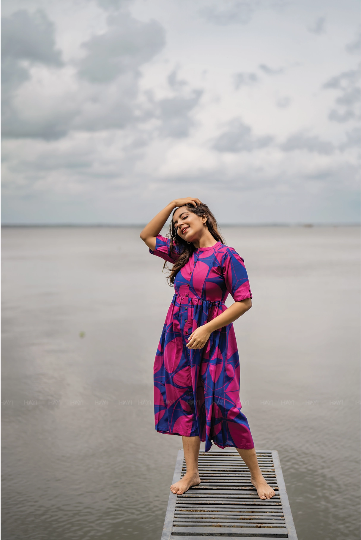 Chic Vibe Blazing Blue with Cosmic Petals printed Maternity and Feeding Linen Blend Dress