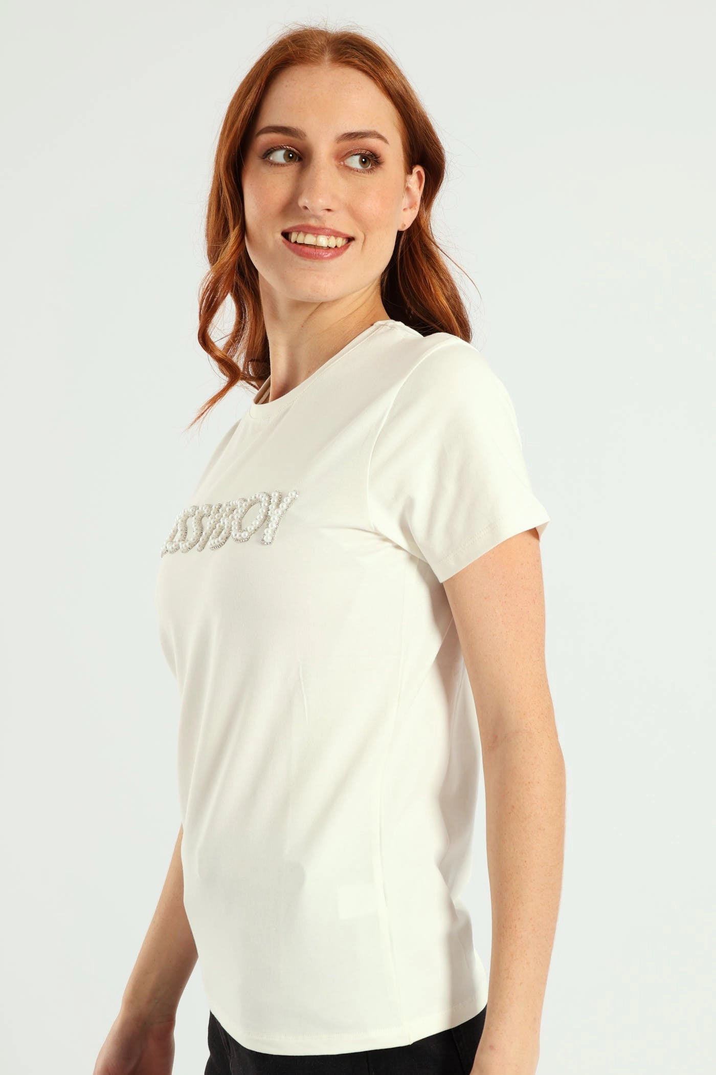 Rumours Regular Fit Pearl & Bling Logo Top - White AllPurpose Design Layered Hemline