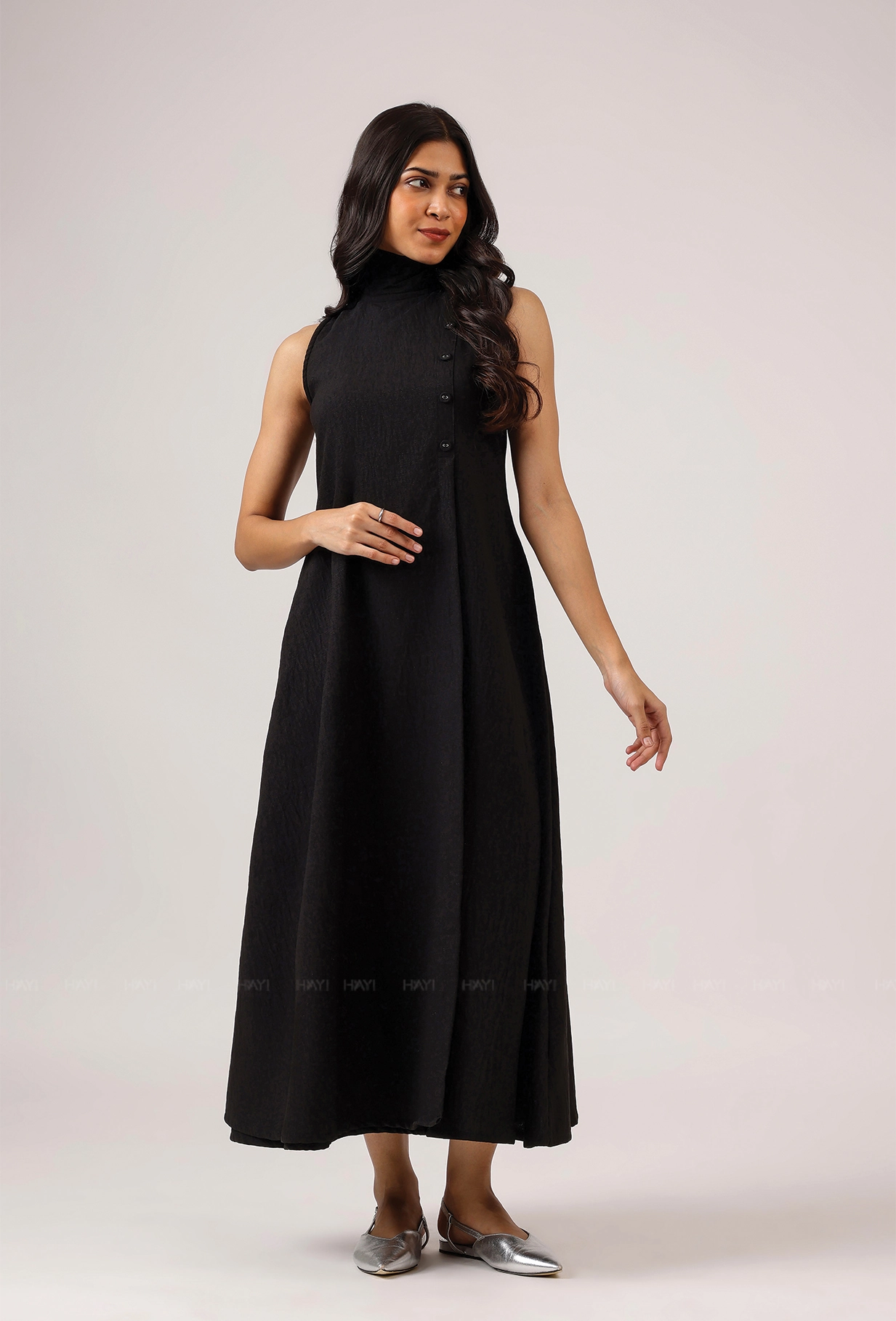 Blackout Babe High Neck With Side Buttons Flared Dress Full Coverage Glossy-Finish
