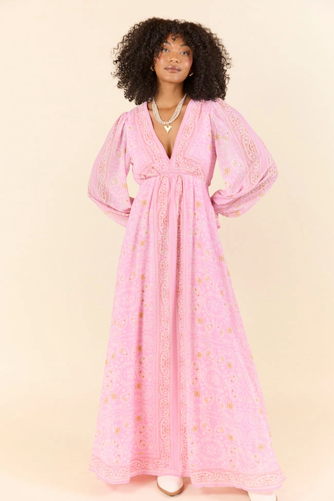 Everyday Comfort Wear Silky Shape Rustic Rose Pink Bandana Print Maxi Dress FINAL SALE