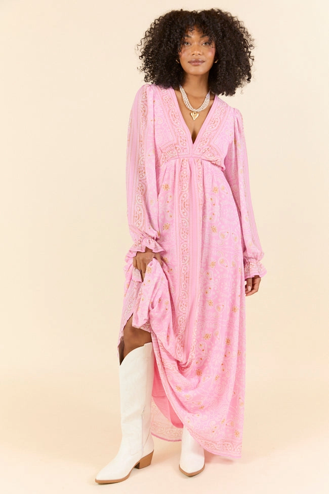 Silk-Blend Rustic Rose Pink Bandana Print Maxi Dress FINAL SALE