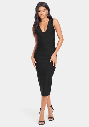 Layered-Sleeve Natural Feel Bandage Midi Dress