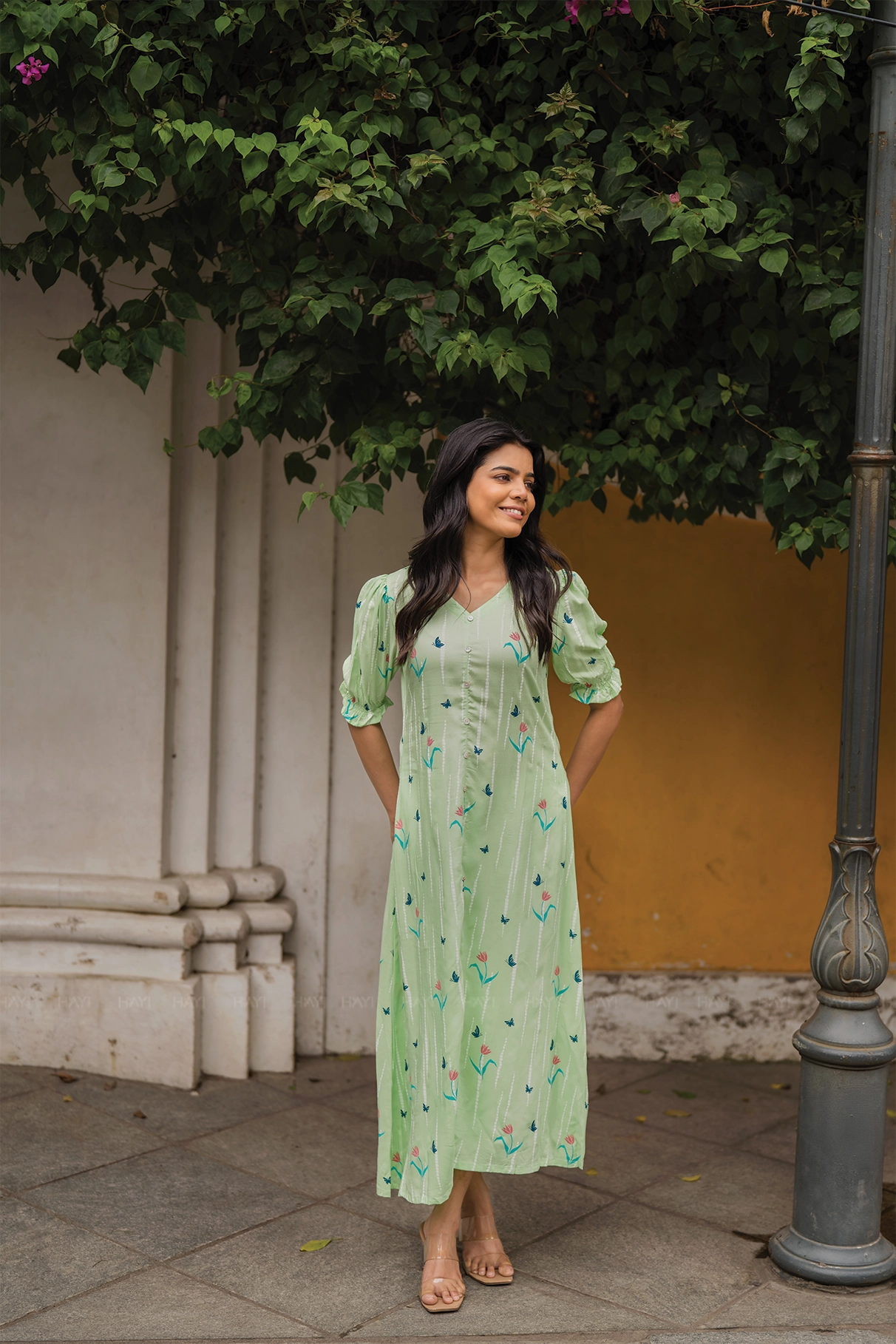 Linen-Blend Urban Motion Sage Green with Mint petal printed Viscose A-line Dress