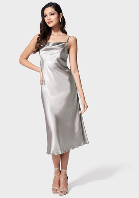 Satin Cowl Neck Slip Midi Dress ConvertibleNeckline Skin Tone