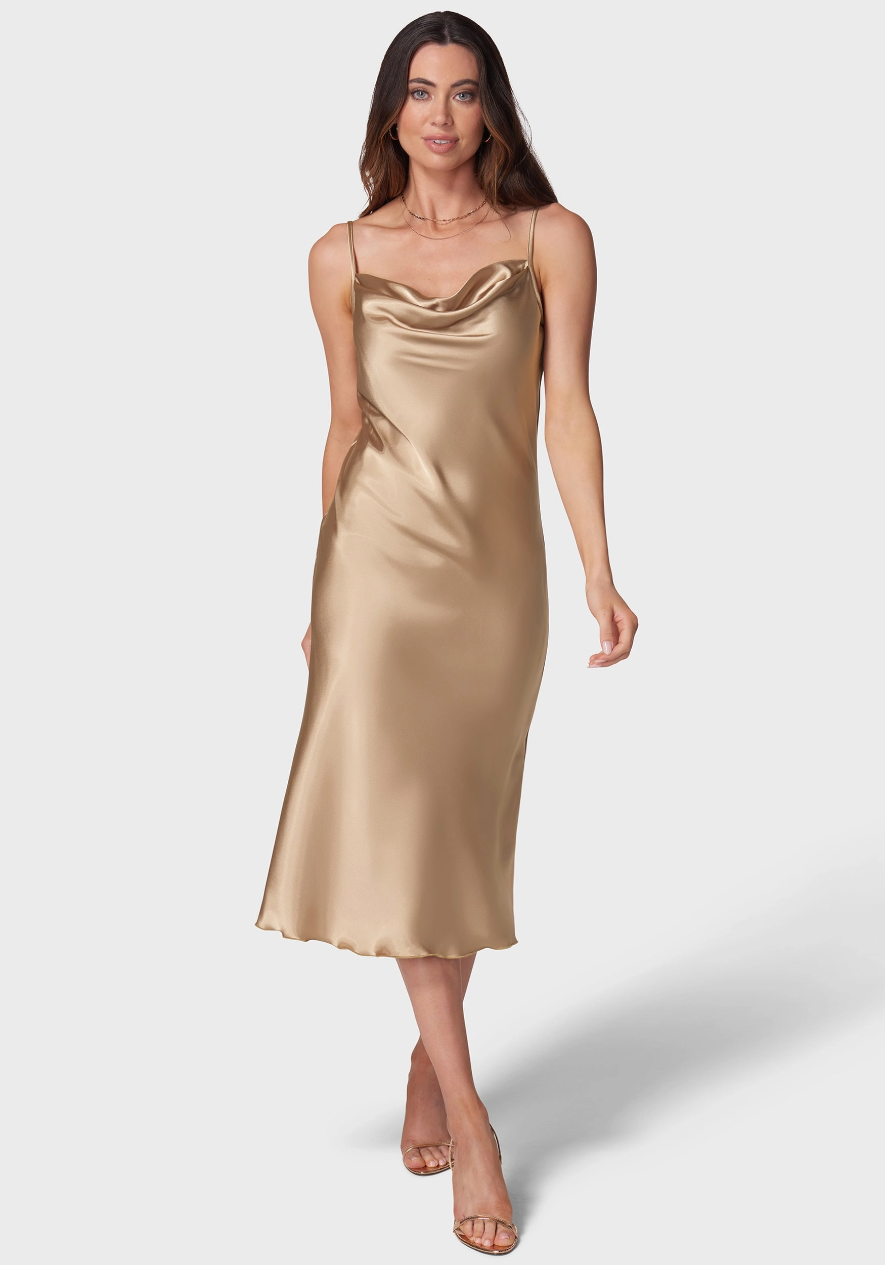Satin Cowl Neck Slip Midi Dress Brunch Tone Perfect Mood