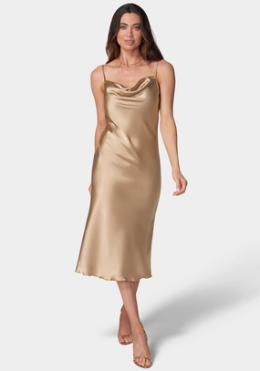 Satin Cowl Neck Slip Midi Dress Brunch Tone Perfect Mood