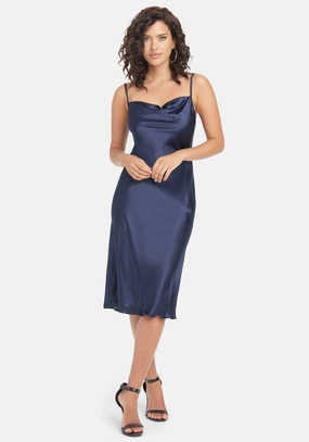 Satin Cowl Neck Slip Midi Dress Versatile Fit Comfortable Design
