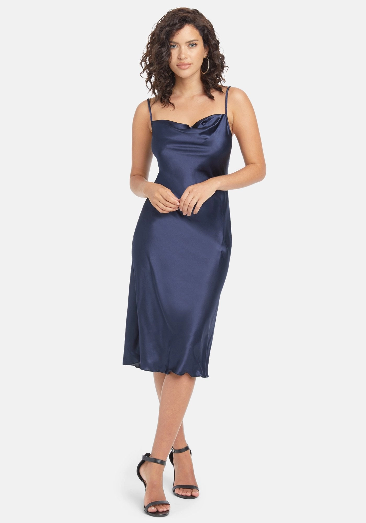 Satin Cowl Neck Slip Midi Dress Versatile Fit Comfortable Design