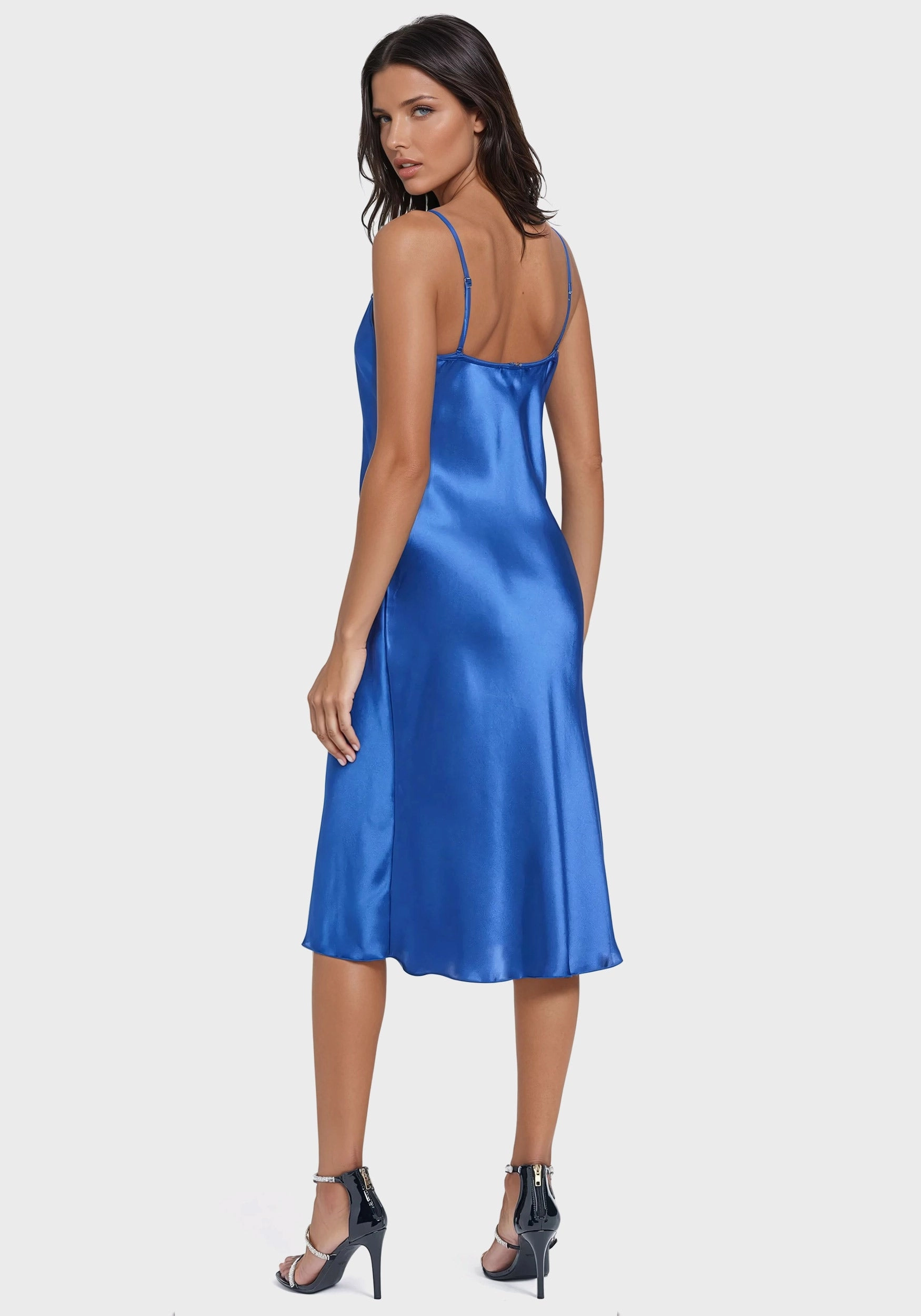 Calm Silhouette Satin Cowl Neck Slip Midi Dress