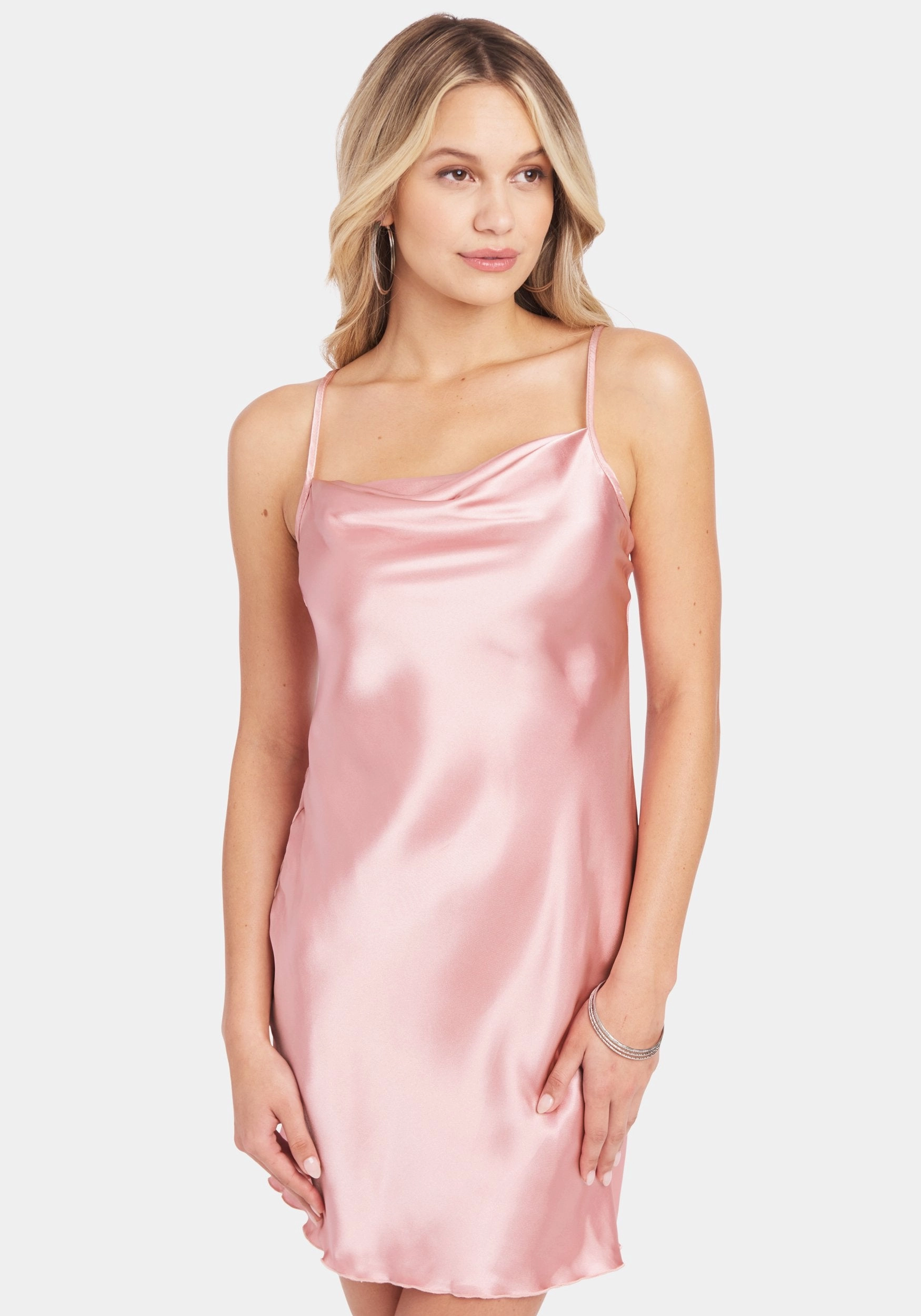 Satin Cowl Neck Slip Mini Dress Dreamy Simplicity Front Ruffle