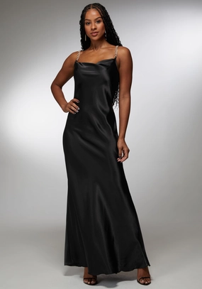 understated look Happy Fit Satin Maxi With Gold Chain Straps