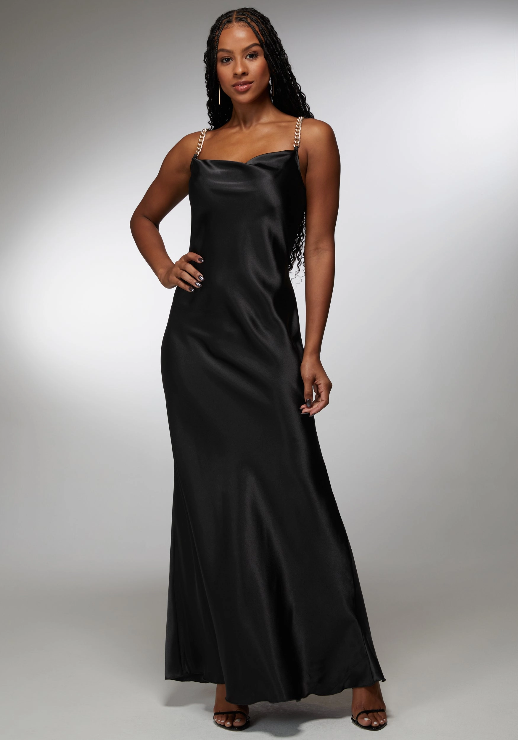 understated look Happy Fit Satin Maxi With Gold Chain Straps
