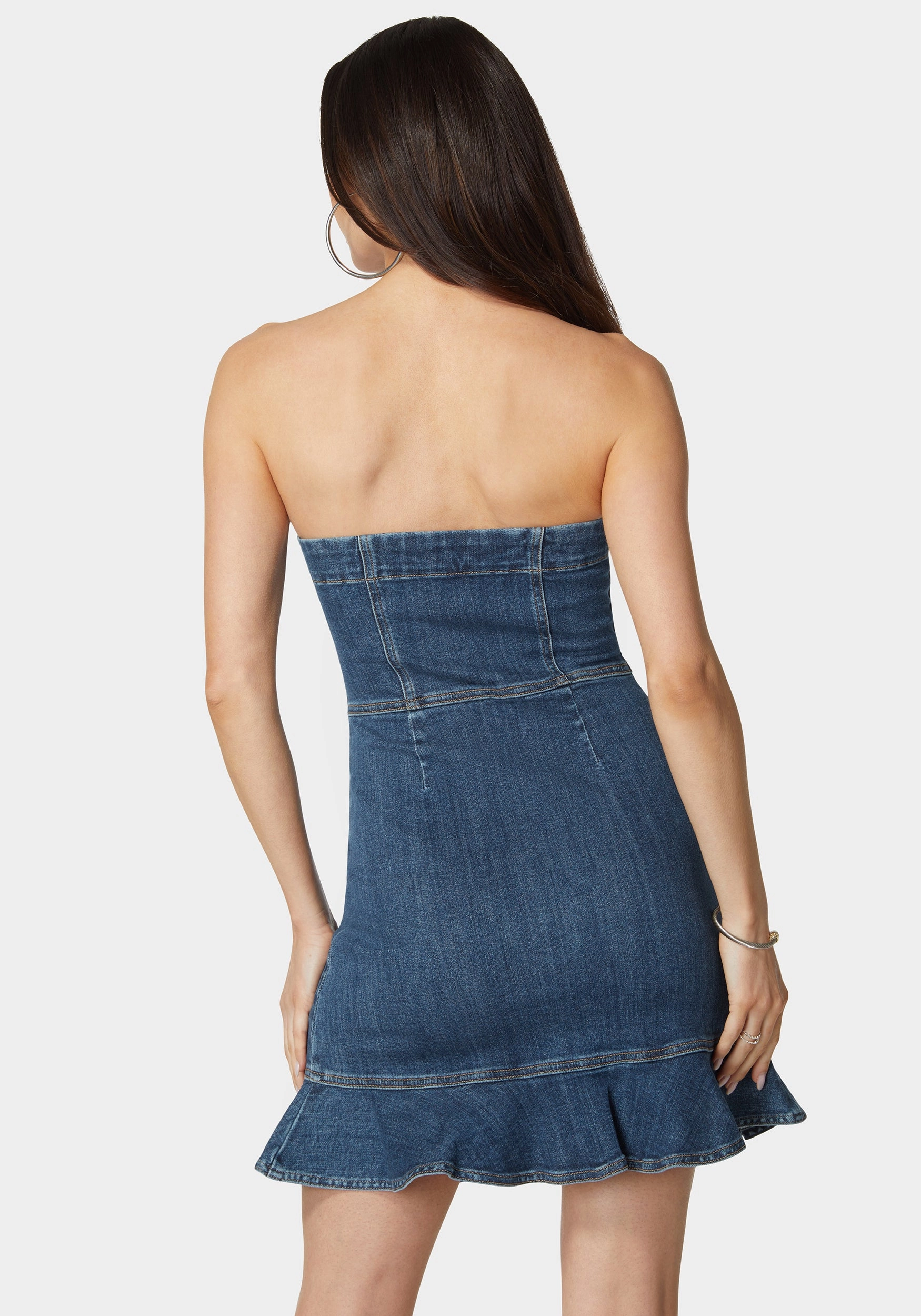 Scalloped Neckline Zip Up Denim Dress All Season Lightweight-Lining