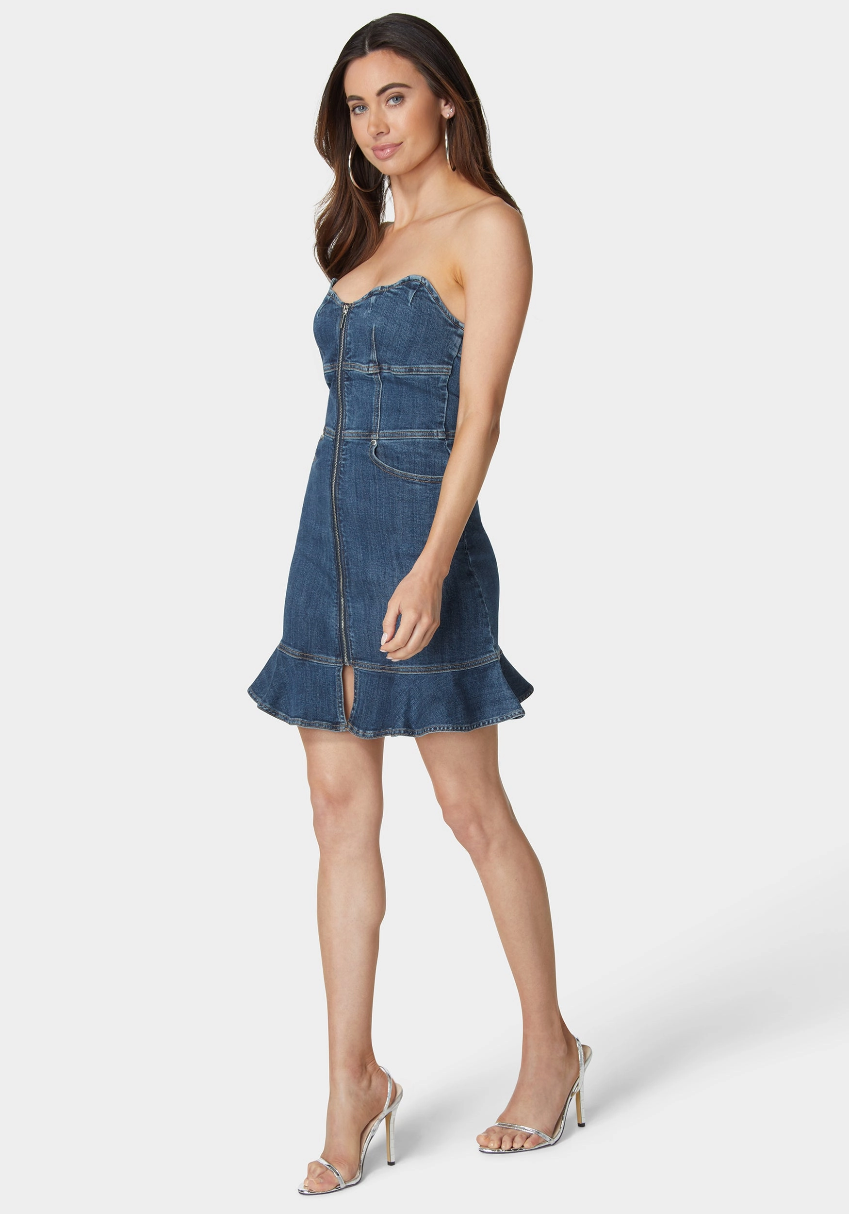 Polished Fit Scalloped Neckline Zip Up Denim Dress