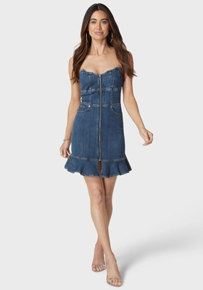 Scalloped Neckline Zip Up Denim Dress Anytime Wear