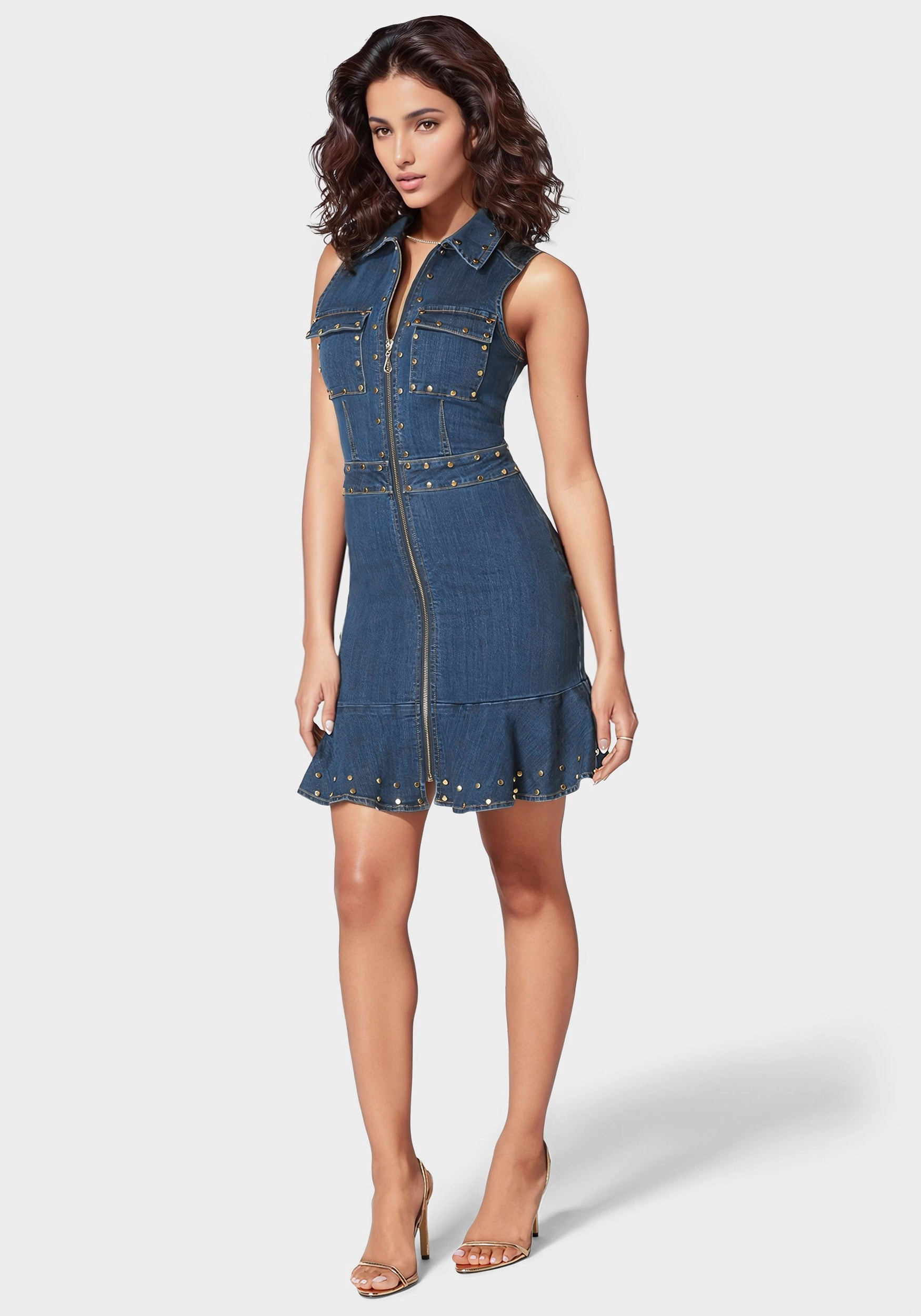 Zip Front Stud Detail Fit And Flare Denim Dress Seasonal Layering Slim Shape