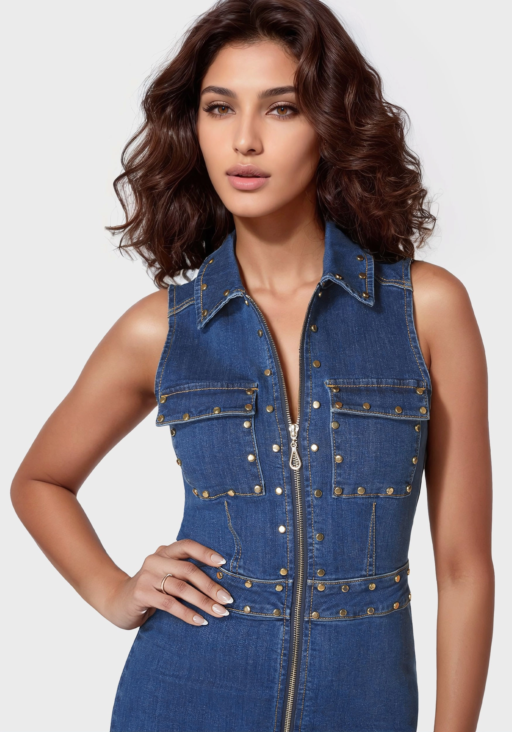 Zip Front Stud Detail Fit And Flare Denim Dress Sophisticated Fit Light Wear