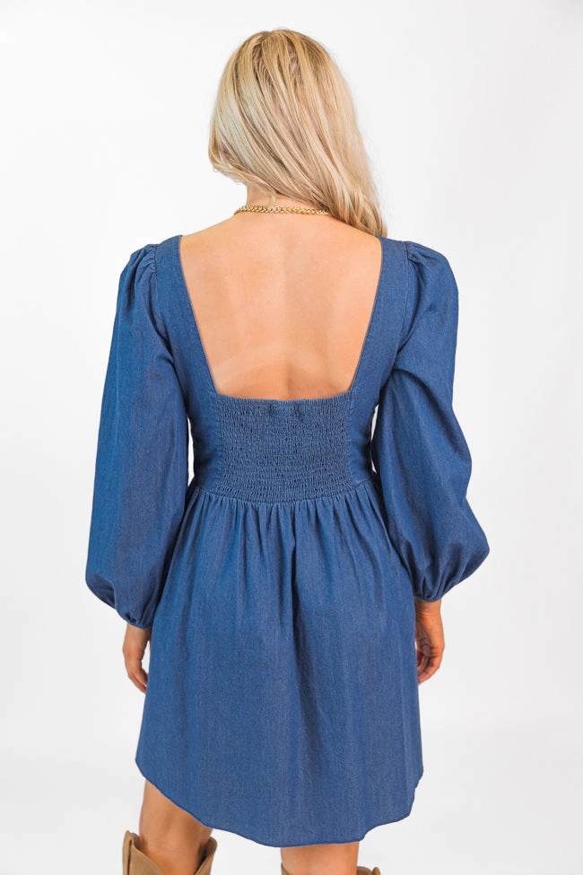 Up To Me Medium Wash Lace Up Detail Chambray Dress FINAL SALE Relaxed Style Wear