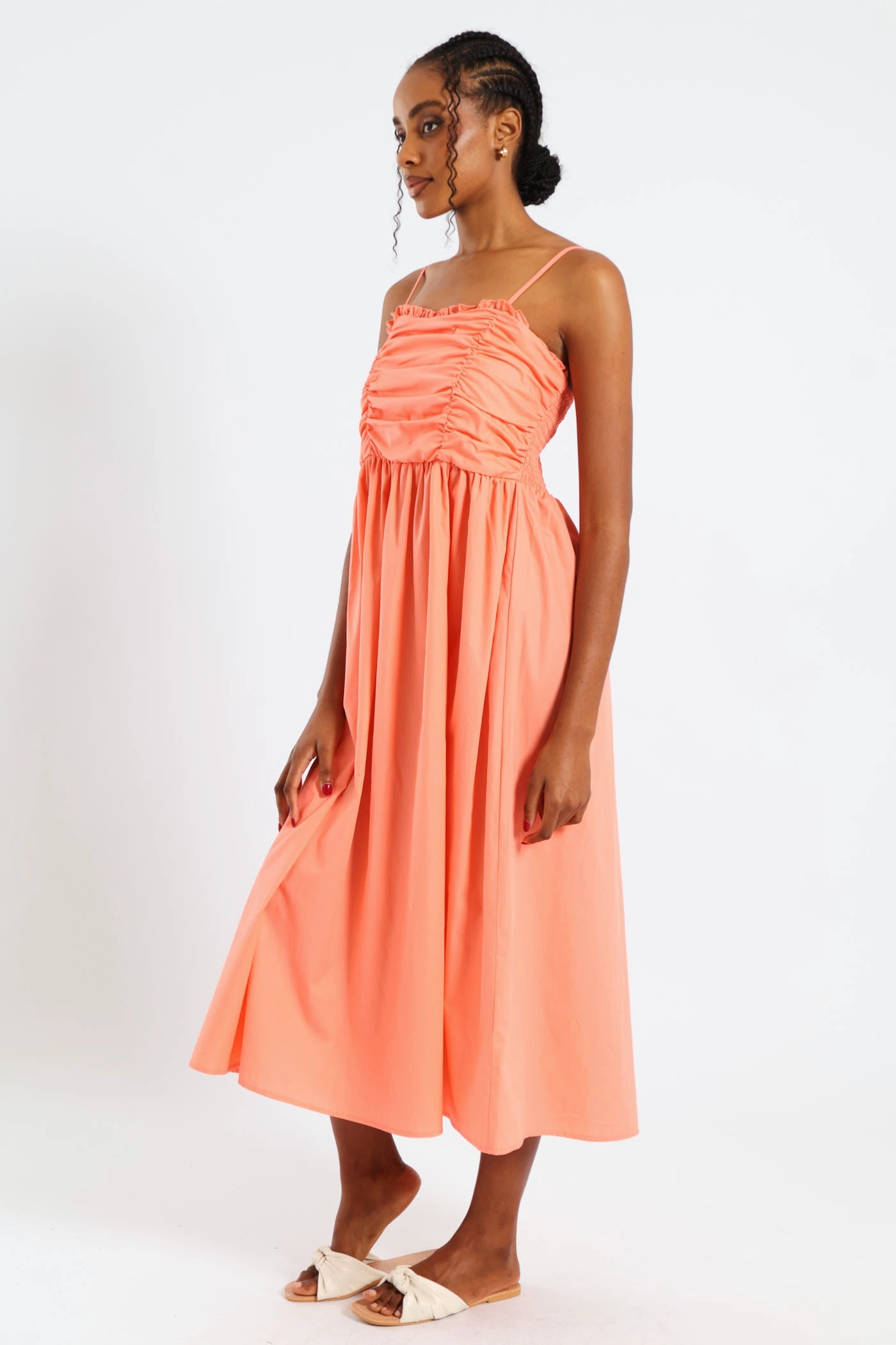 Strappy Ruched Bodice Midi Sundress - Light Coral flattering appearance