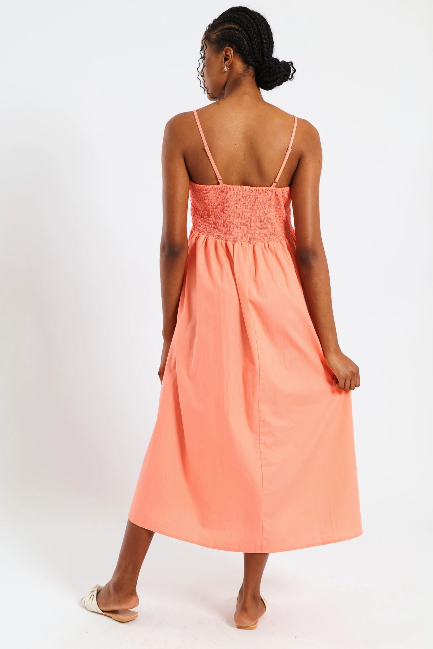 Strappy Ruched Bodice Midi Sundress - Light Coral Petite friendly Refined Mood