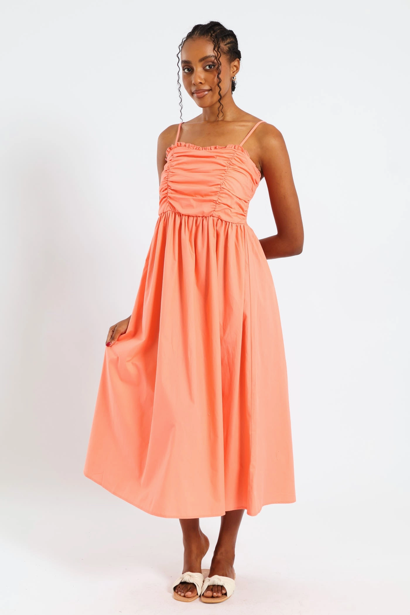Fit For All Strappy Ruched Bodice Midi Sundress - Light Coral