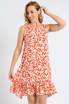 Mom Chic Outfit Core Frill Hem Hi-Lo Printed Shift Mini Dress - White/Orange