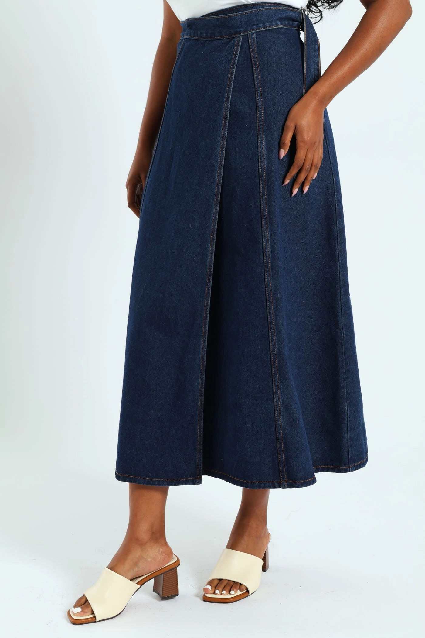 Self Belt Denim Wrap Cargo Pocket Maxi Skirt - Dark Wash Style Innovation Machine washable