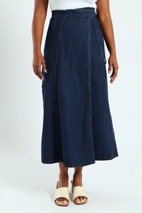 Self Belt Denim Wrap Cargo Pocket Maxi Skirt - Dark Wash Split hem Flat Lay Collar