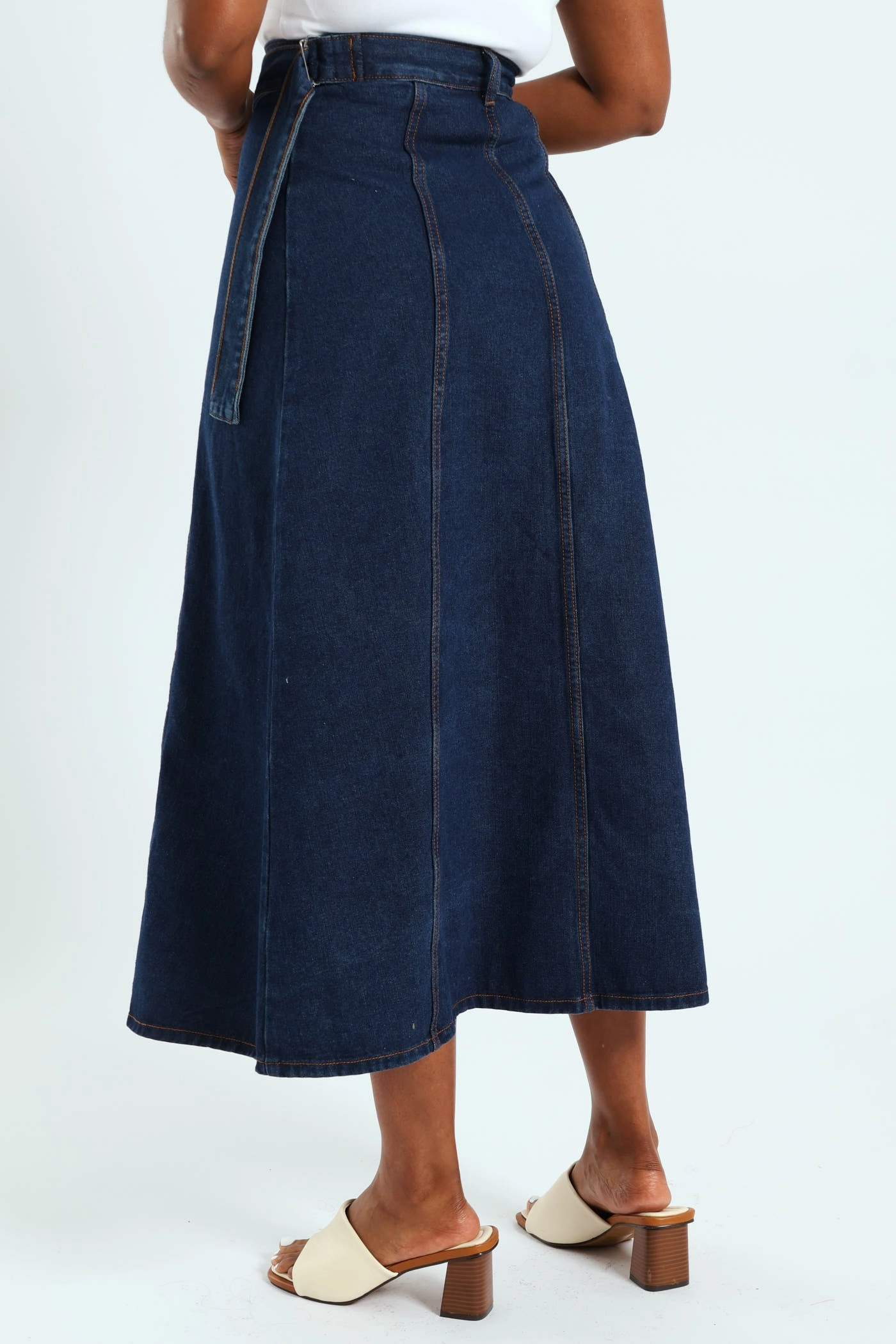 Flexible Waistband Gentle Flow Self Belt Denim Wrap Cargo Pocket Maxi Skirt - Dark Wash