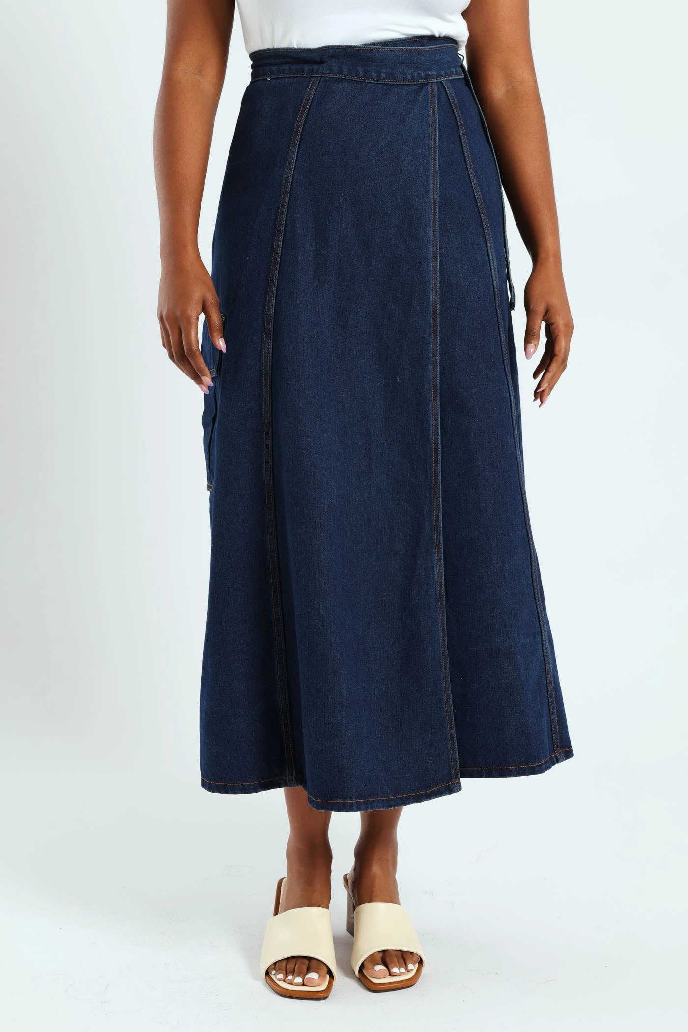 Self Belt Denim Wrap Cargo Pocket Maxi Skirt - Dark Wash Split hem Flat Lay Collar