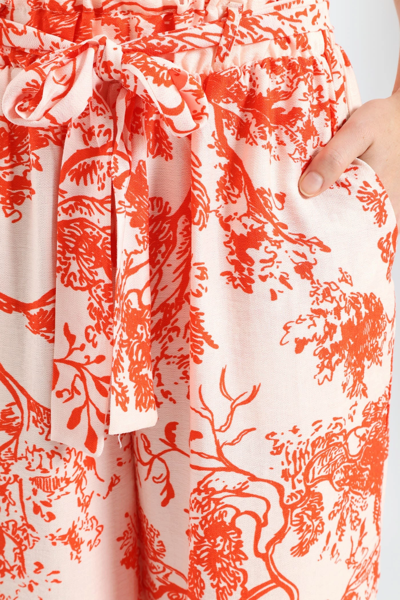 Self Belt Pull On Linen Culotte Pants - White/Orange Stretchable Fabric