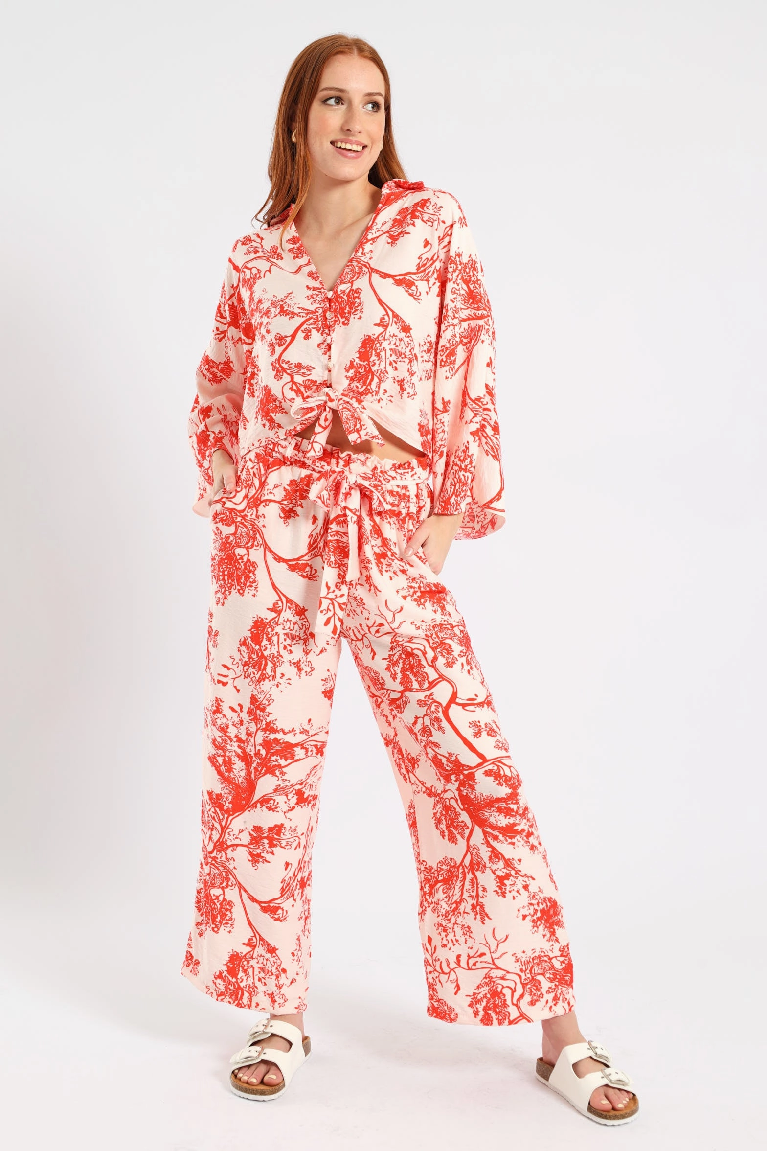 Self Belt Pull On Linen Culotte Pants - White/Orange Perfect Shape