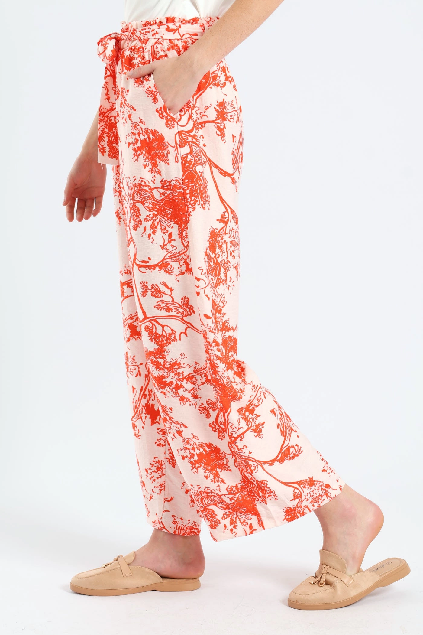 HypoallergenicMaterial Self Belt Pull On Linen Culotte Pants - White/Orange