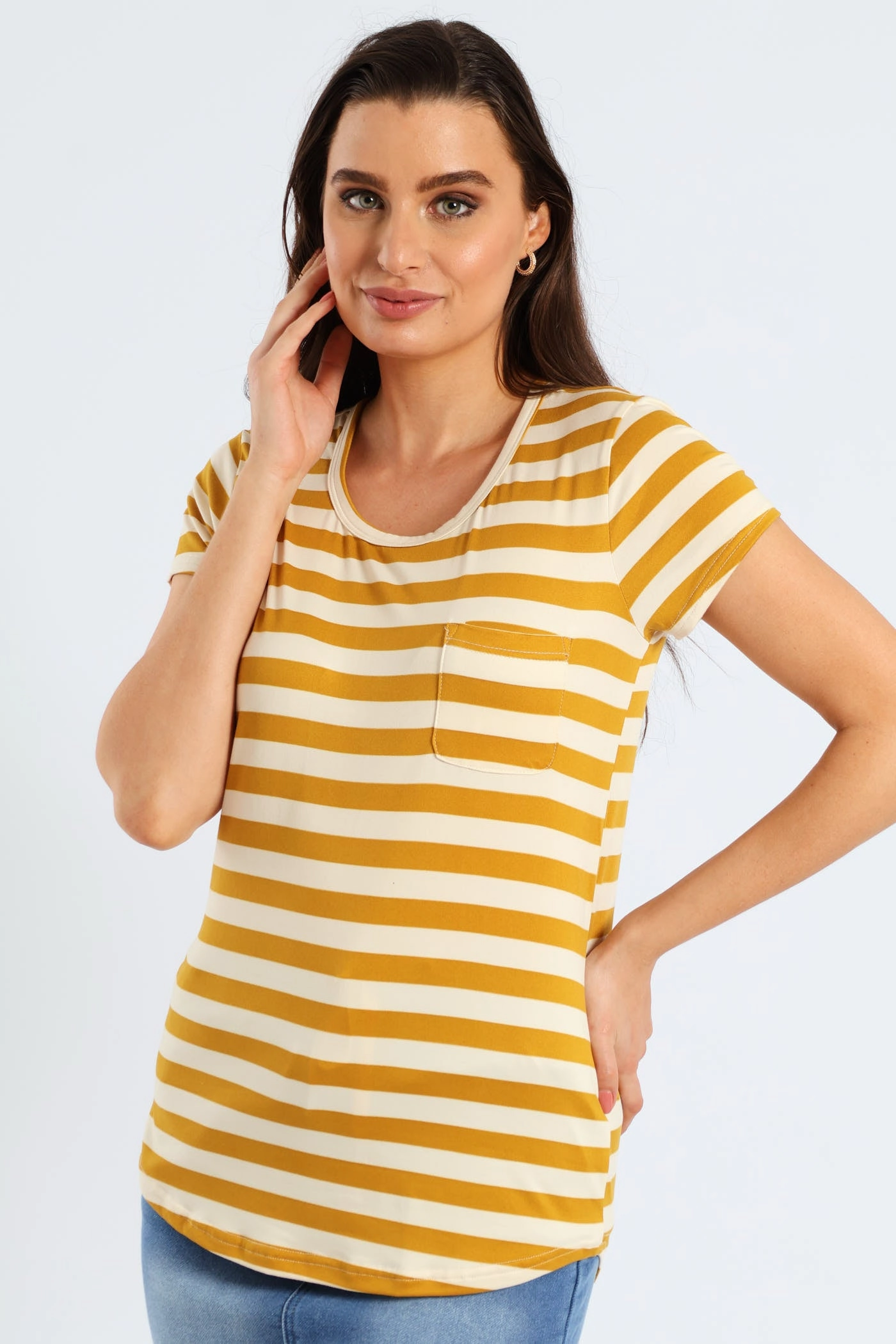 Basic Wardrobe Medium Stripe Pocket Tee - Mustard/Cream