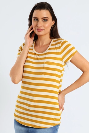 Basic Wardrobe Medium Stripe Pocket Tee - Mustard/Cream