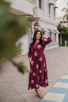 Satin Glow Sepia Maroon with Autumn Hearts printed Viscose A-line Dress