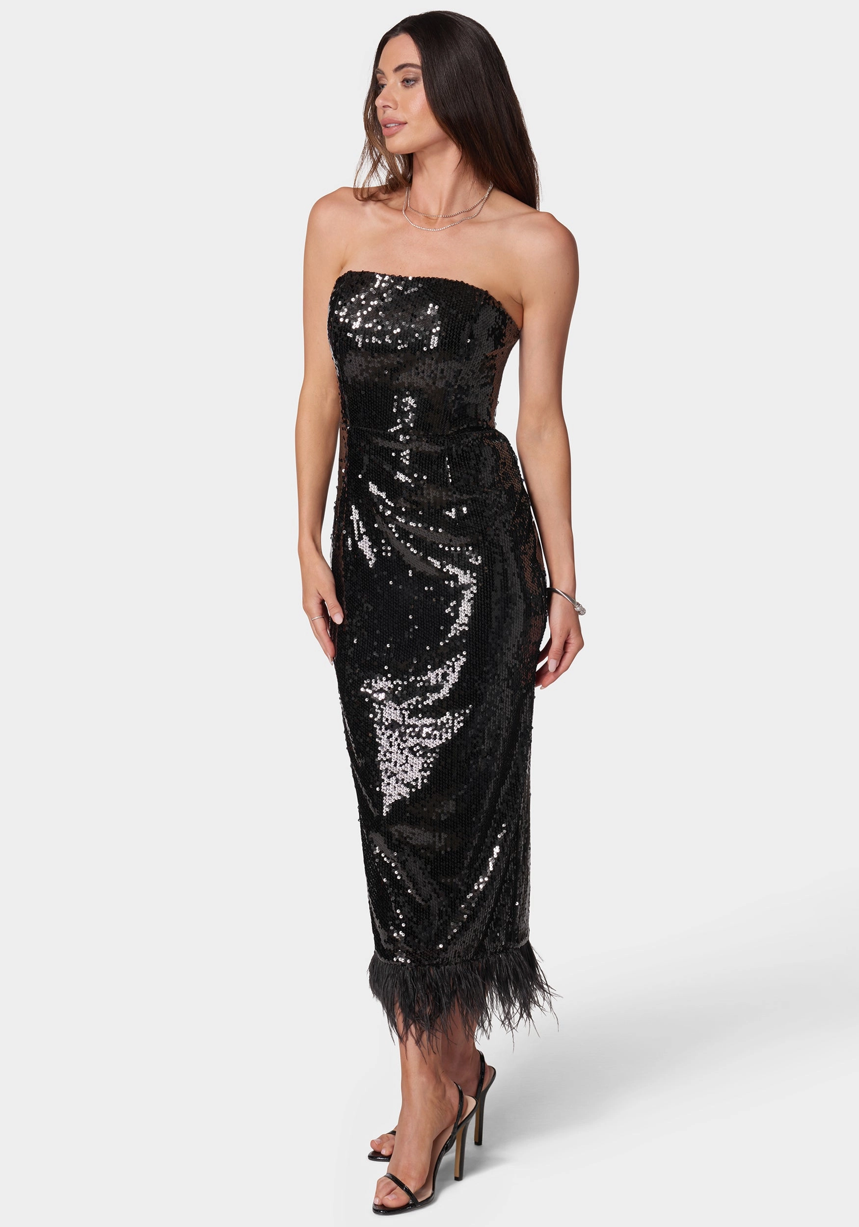 Sequin Strapless Midi Dress With Feather Trim Airy Movement countryside