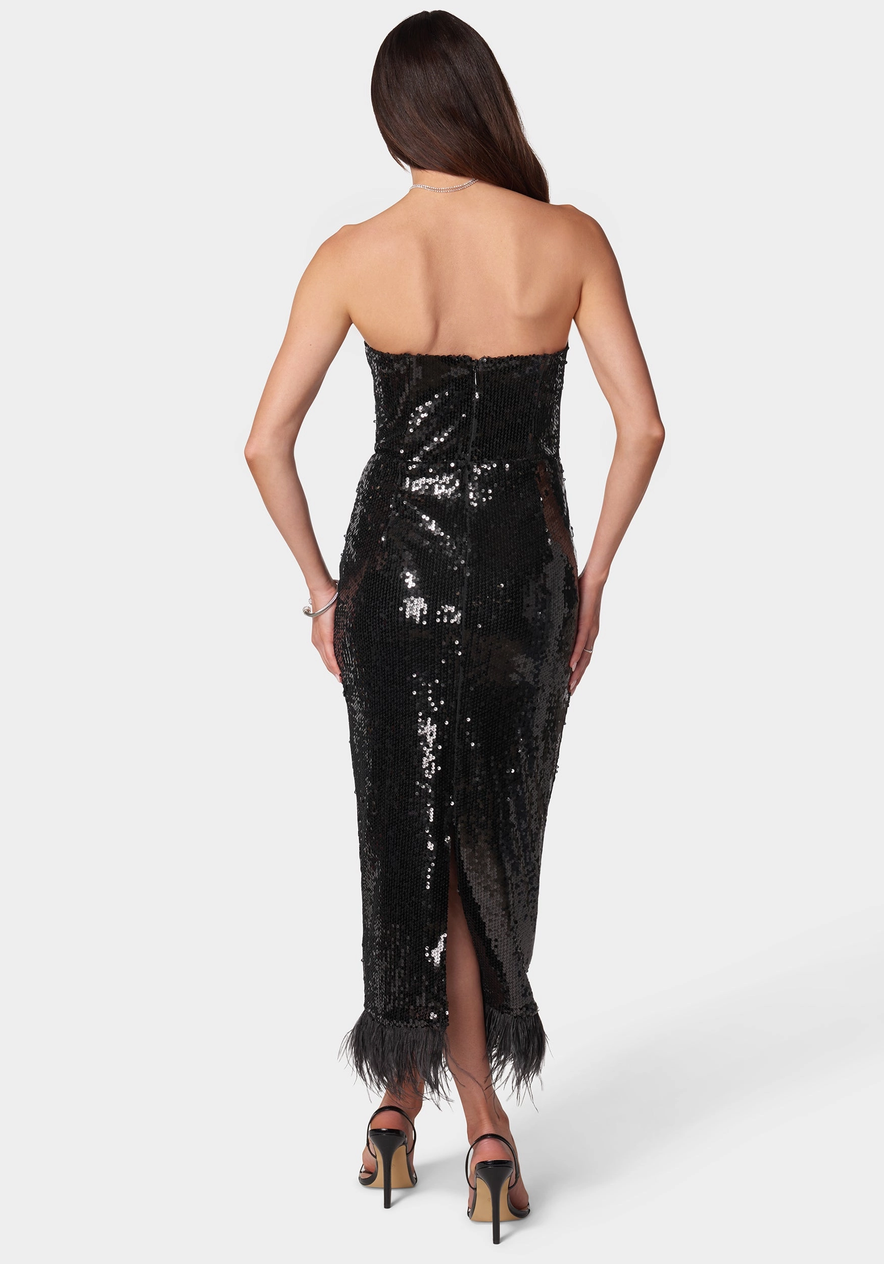Sequin Strapless Midi Dress With Feather Trim Easy Lovely Luxe Mood