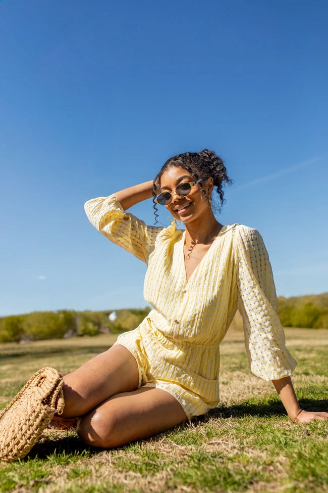 Set On You Yellow Gingham Long Sleeve Romper FINAL SALE Figure-Skimming Cafe Vibe