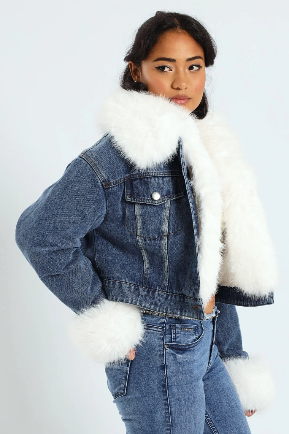 Imagine This Denim Cropped Jacket With Faux Fur Collar - Med Wash High Visibility Trims Urban Explorer Look