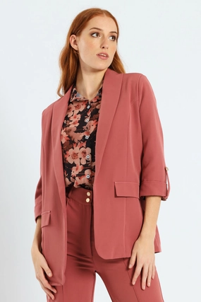 Wrinkle Free Exterior Shawl Collar Turn Up Sleeve Blazer - Deco Rose