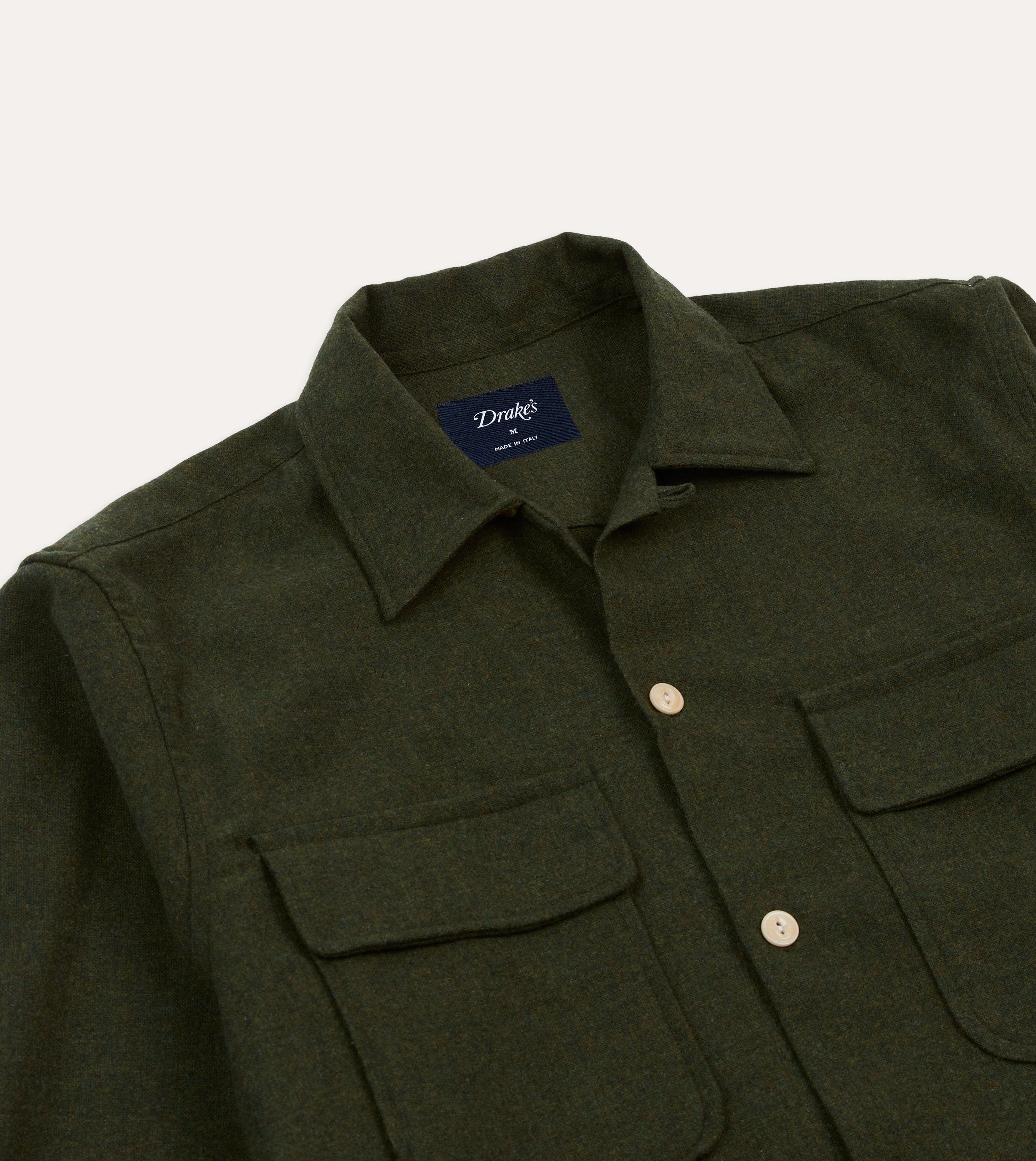Dark Green Wool Two-Pocket Camp Collar Work Shirt Flexible Movement