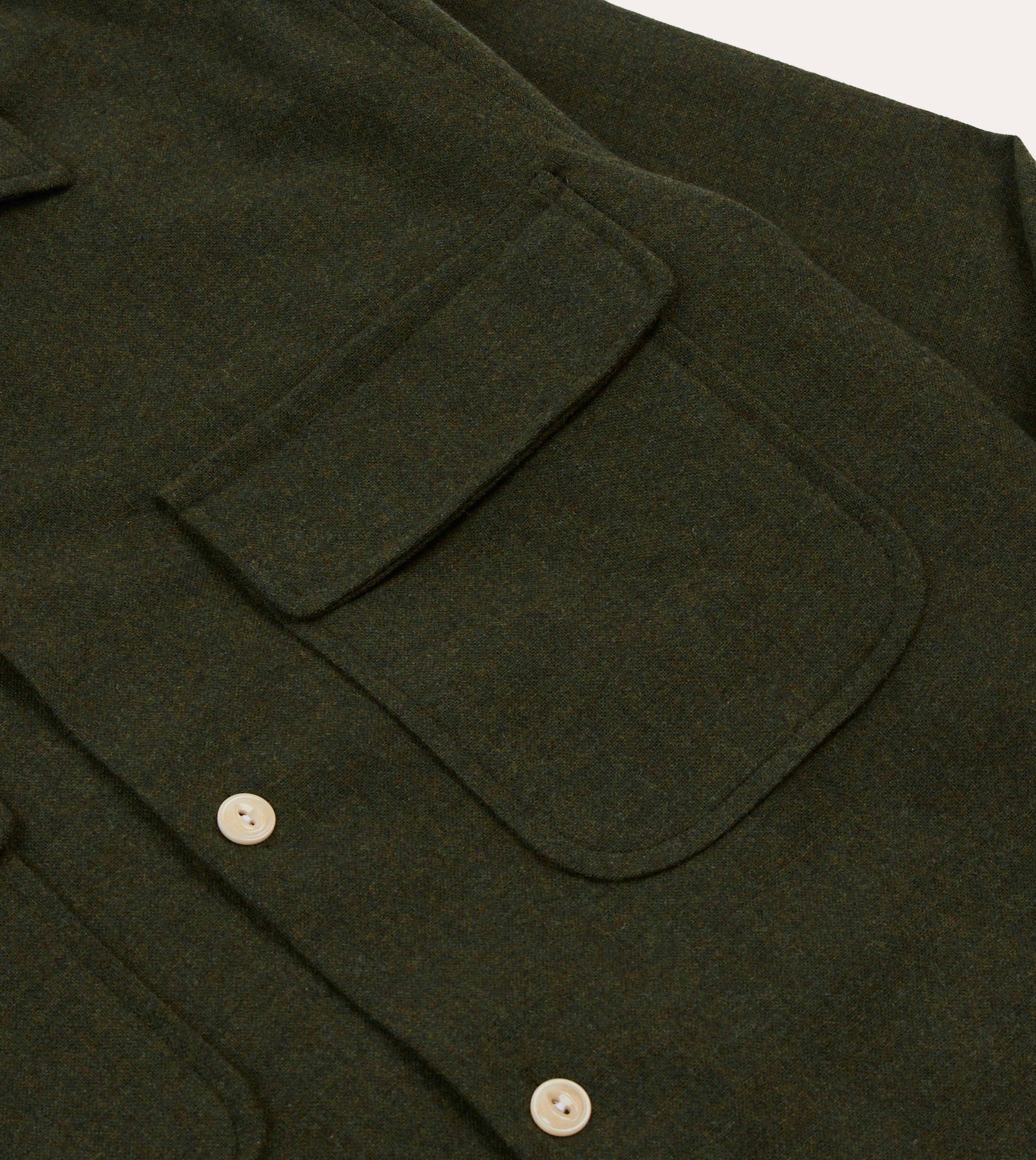 Dark Green Wool Two-Pocket Camp Collar Work Shirt Daytime Look