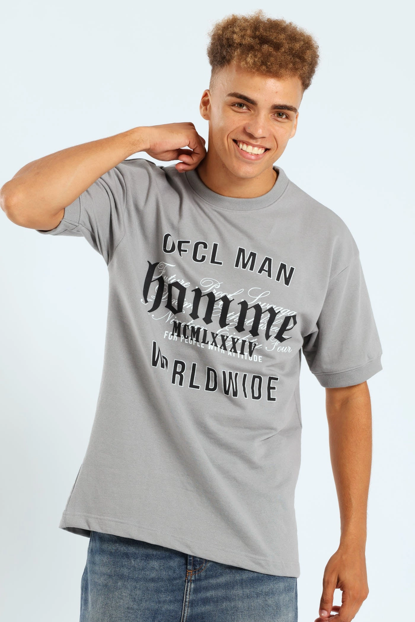 contrast Short Sleeve Cuffed Terry Tee - Light Grey