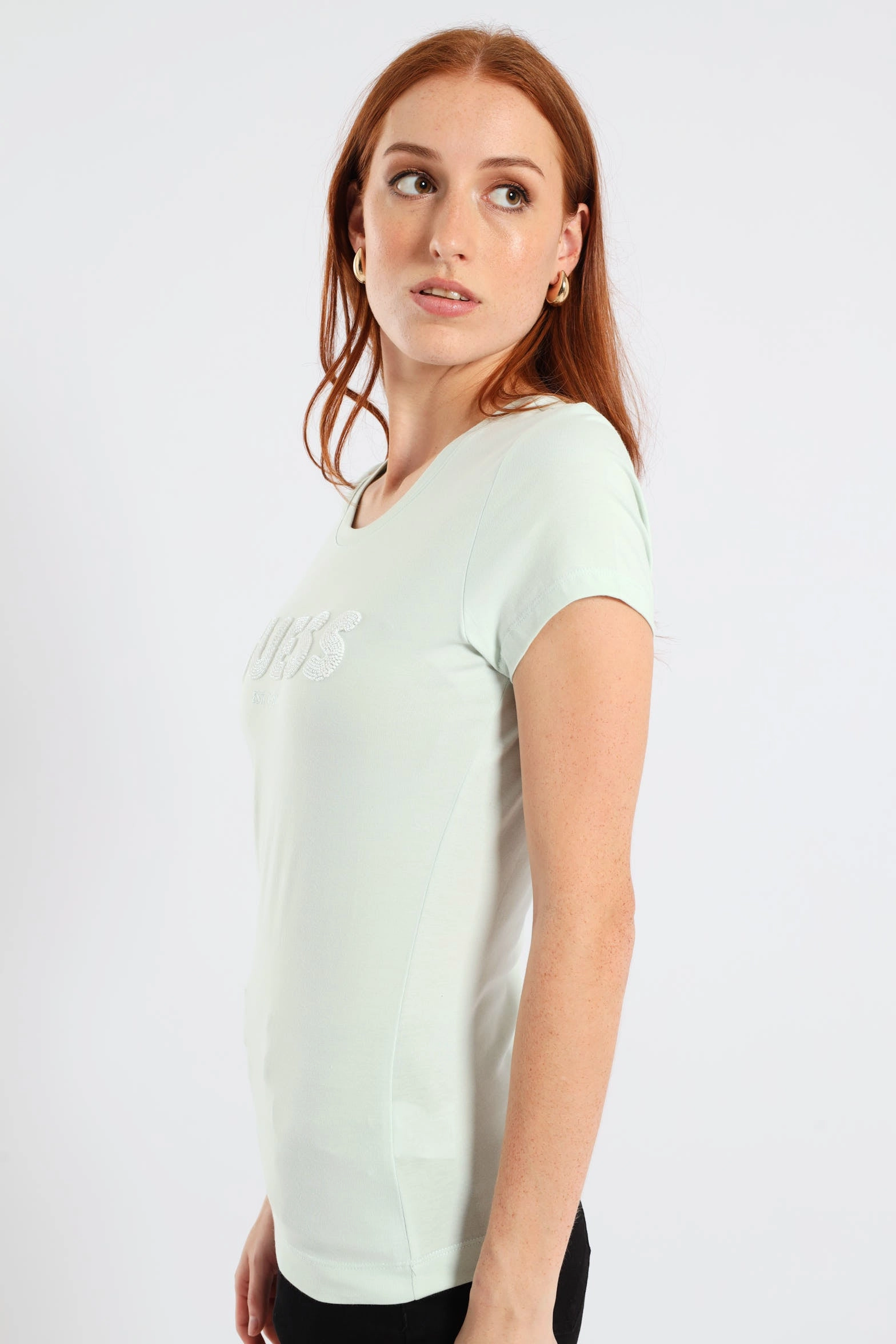 Reversible design LightweightConstruction Short Sleeve Logo String Pearl Beads Tee - Teal