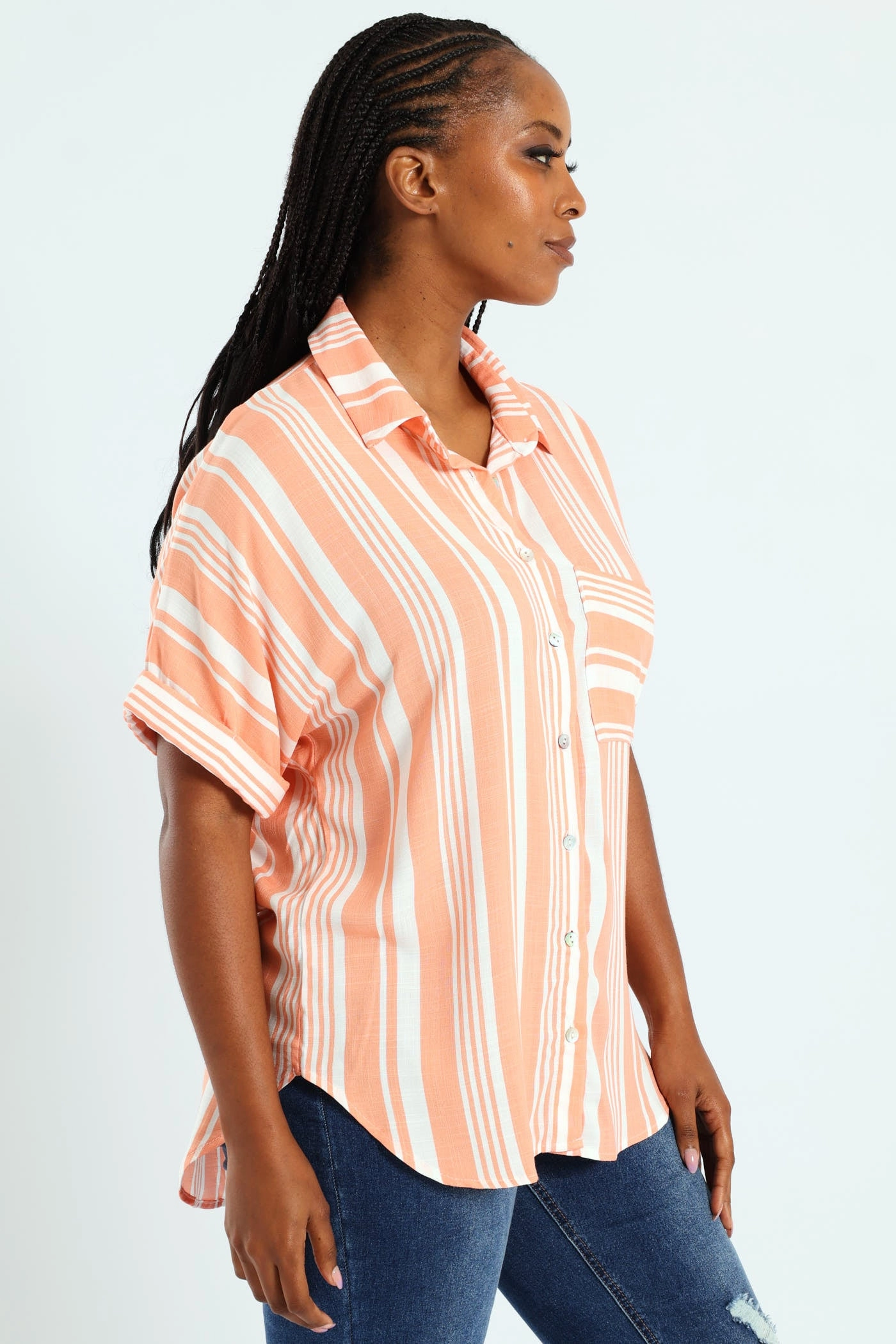 Short Sleeve Stripe Easywearing Shirt - Coral Layered Neckline Details